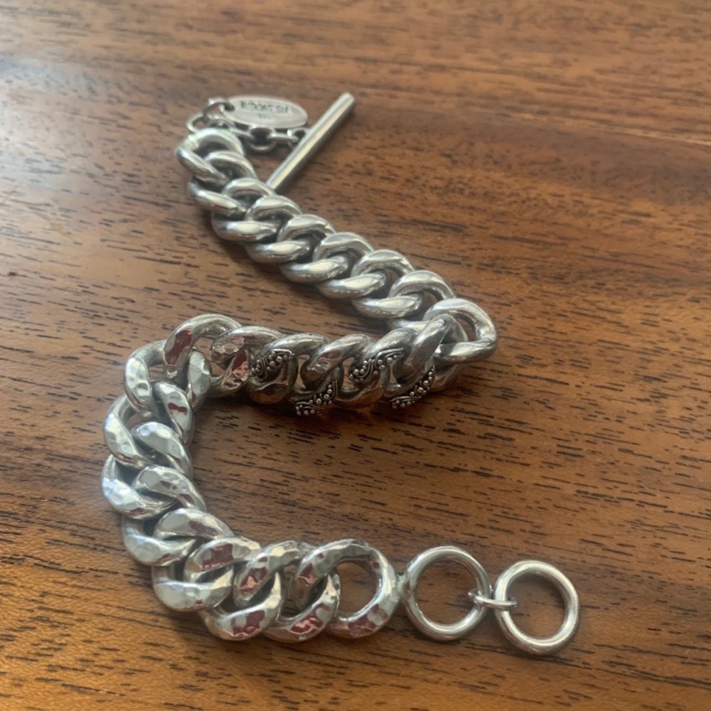 Designer Lois Hill, hammered link bracelets with granulated ID